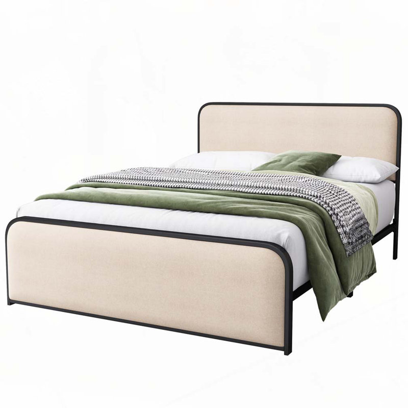 Structure de lit en métal avec tête et pied de lit rembourrés courbés, Grand lit, Beige