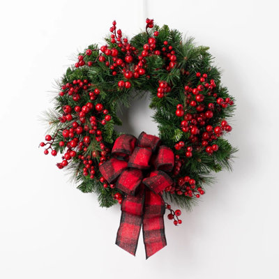 Couronne de Noël artificielle 17,7 po avec baies rouges et ruban à carreaux rouge noir