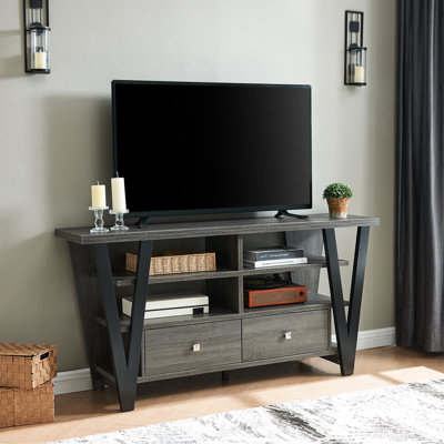 Meuble télé gris et noir haut avec 2 tiroirs et étagères, tablette de montage de 60 à 69 pouces, noir, habillage
