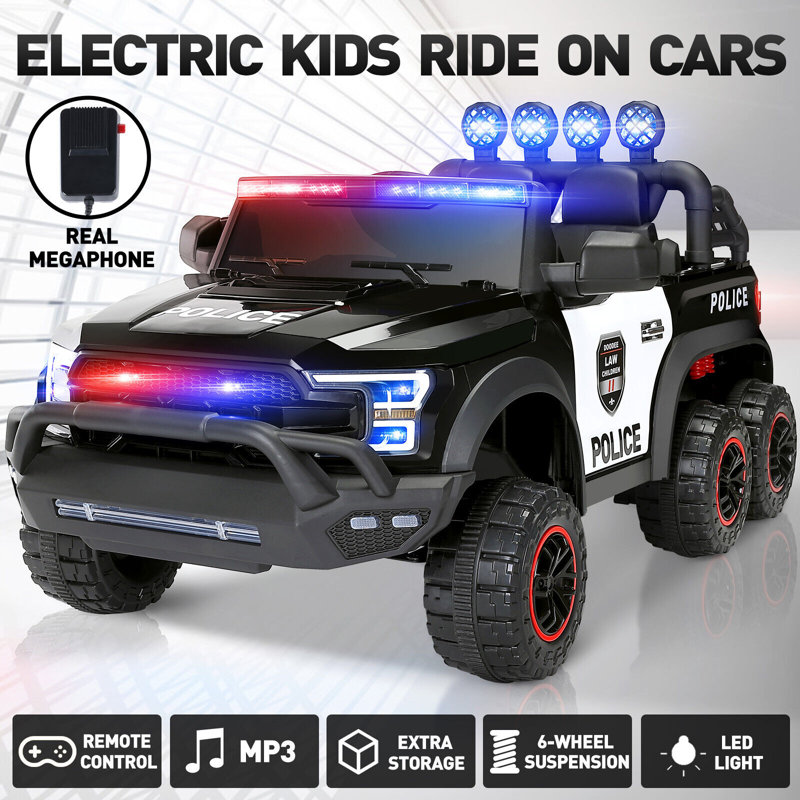 Black 12V Kids Ride-On Police Car with Remote Control