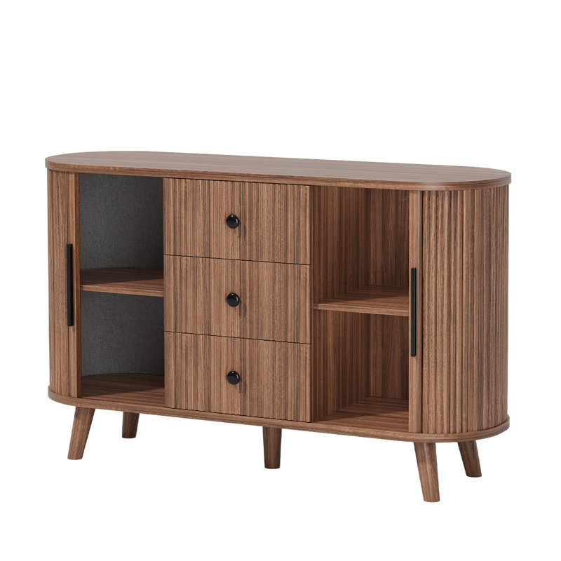 Sideboard Buffet Cabinet with 2 Sliding Tambour Doors and 3 Drawers, Walnut