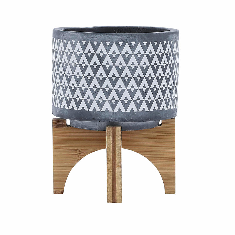 Ceramic 5" Aztec Planter on Wooden Stand, Gray, 6" H x 5" W x 5" D