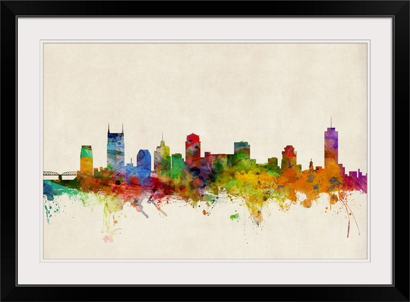 «Nashville Tennessee Skyline» par Francy, impression, Cadre noir, H 20 po x l 26 po x P 1 po
