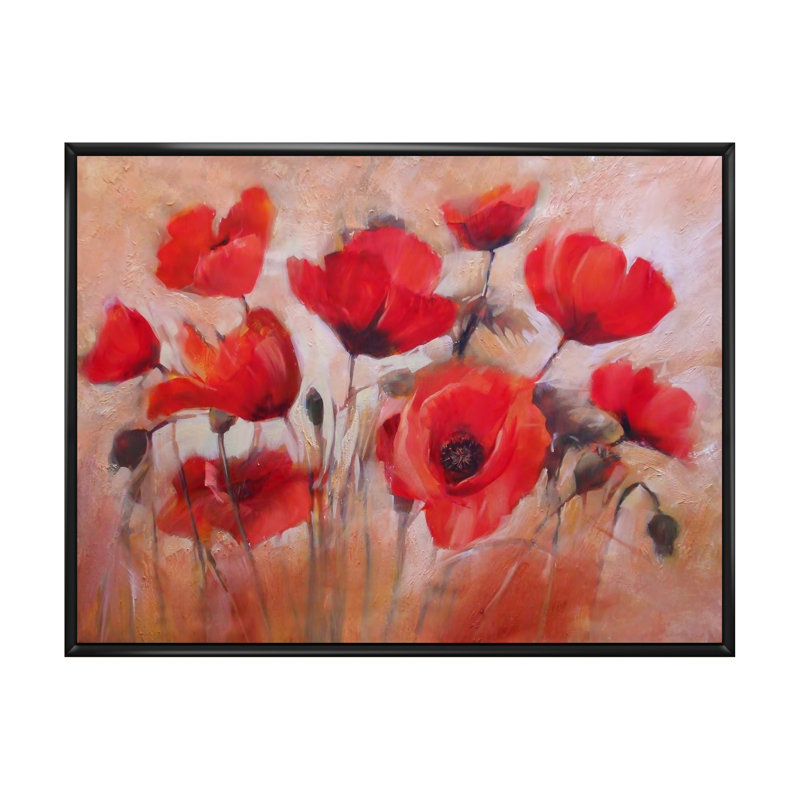 Red Blooming Poppies V - reproduction de cadre flottant sur toile, H 8 po x l 12 po x P 1 po, Cadre flottant noir