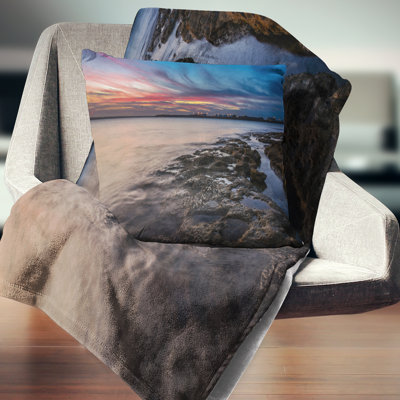 Colorful Sky and Dark Rocky Sydney Coast - Sea & Shore Printed Pillow