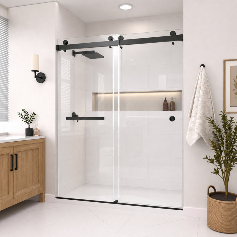 Porte de douche coulissante double sans cadre CatalystFP 44'-49'' L x 76'' H, noir mat, verre clair 3/8"., Noir mat