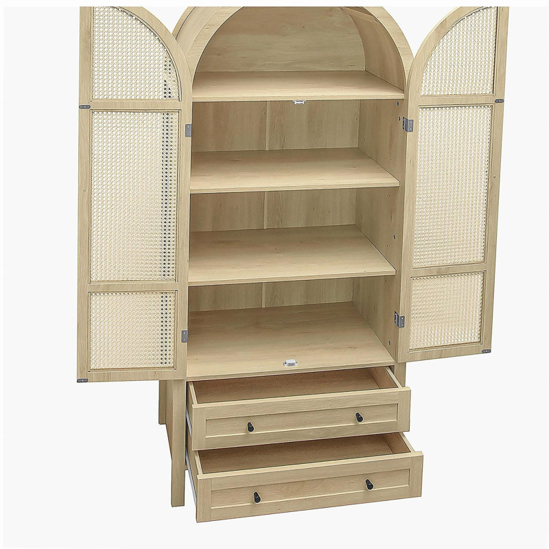 70.28" Tall Arched Kitchen Pantry, Arched Storage Display Cabinet with 2 Drawers & Adjustable Shelves,Rattan Door Versatile Storage Cabinet for Kitchen, Dining Room, Living Room