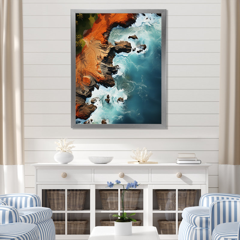 Vue aérienne de Rocky Beach I - plage, art mural, Cadre flottant noir, H 32 po x l 16 po x P 1 po