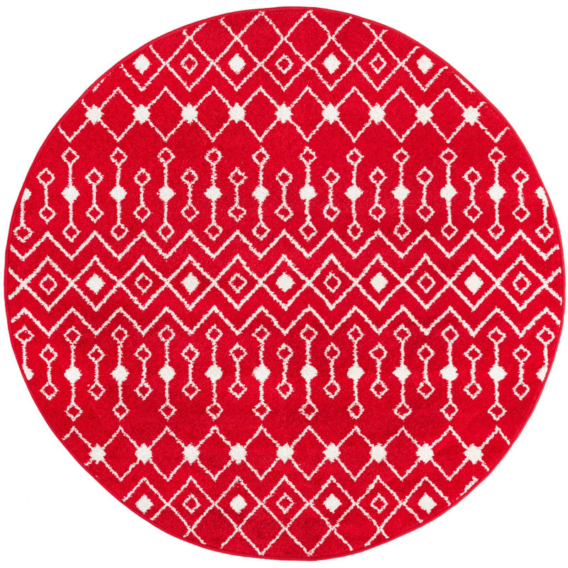 Tapis géométrique en chenille / polyester tissé à la machine Briehn - rouge / blanc, Rond 6 pi