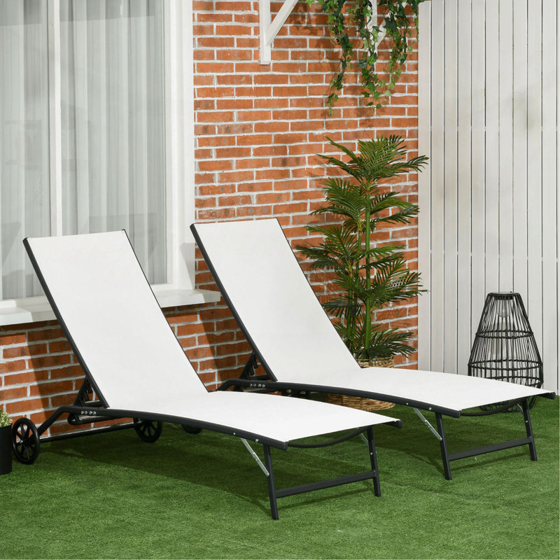 Outsunny Chaise Lounge Outdoor, 2 Piece Lounge Chair With Wheels, Tanning Chair With 5 Adjustable Positions For Patio, Beach, Yard, Pool, Cream White