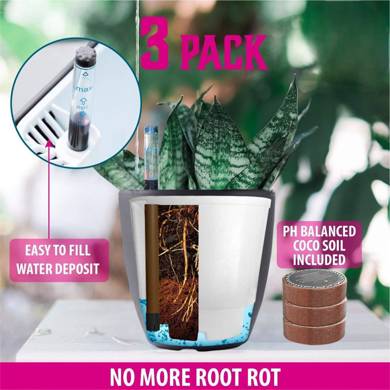 7'' Self Watering Planters For Indoor Plants - With Water Level Indicator For Flower Pot , Grow Tracking Tool - Coco Coir - Grey 3 Pack