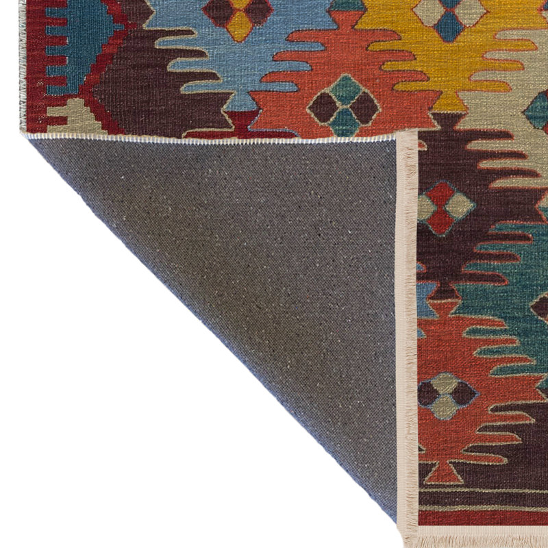 Tapis décoratif multicolore à motif géométrique à franges, Rectangle 3 pi 3 po x 6 pi 7 po