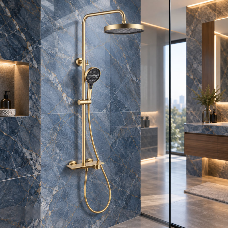 Système de douche à 3 fonctions avec pomme de douche à pluie, douchette et bec de baignoire avec inverseur à bouton-poussoir