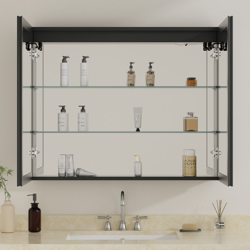 40" W x 32" H Flora Black Aluminum Surface/Recessed Mount Medicine Cabinet with Mirrors, Anti‑Fog, 3‑Color Dimmable Lighting and Adjustable Glass Shelves for Makeup, Shaving or Bathroom Vanity Storage