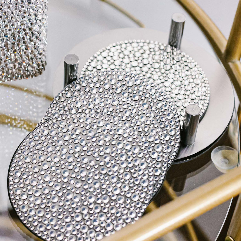 Silver Rhinestone Stainless Steel Coaster Set with Holder, 5"