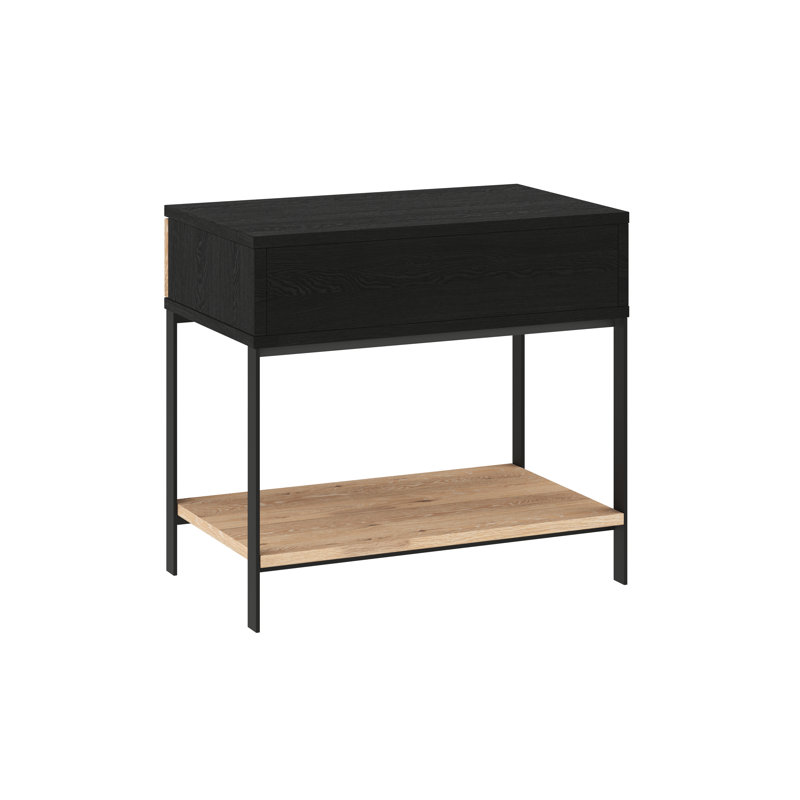 Black and Brown Oak Veneer Nightstand with Iron Legs