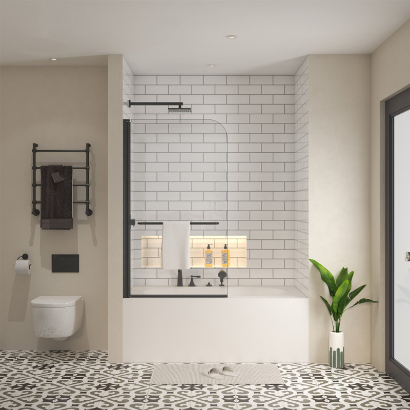 Pare-baignoire pivotant avec verre trempé de 1/4 po et barre à serviettes, Noir mat