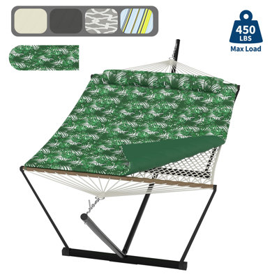 Heavy Duty Double Hammock with Stand – 2 Person Cotton Rope Outdoor Patio Bed with Reversible Quilted Pad & Hardwood Spreader Bars – 475lbs Capacity – Portable for Balcony, Camping, Indoor Use