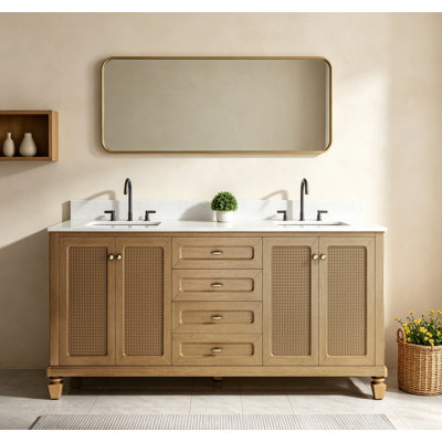 Meuble-lavabo double 72 po avec comptoir en marbre, lavabo en céramique et dosseret