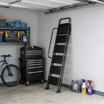 Échelle de sécurité pliante à 5 marches avec mains courantes et plateau à outils, capacité de 800 lb, plateforme verrouillable sécuritaire pour la maison, la cuisine, le bureau, le garage et l'extérieur