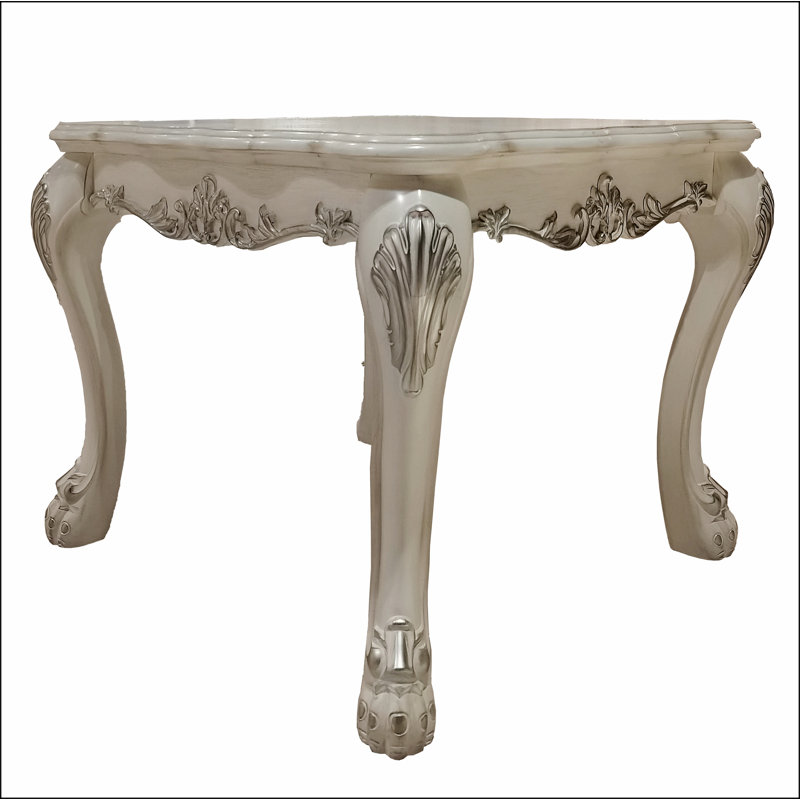 Bone White Square End Table with Intricate Carved Accents