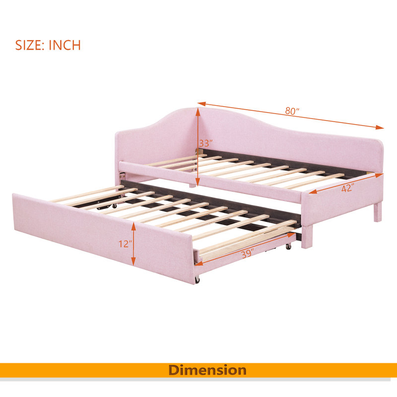 Twin Size Upholstered L-Shaped Upholstered Daybed With Pop Up Trundle, Pink