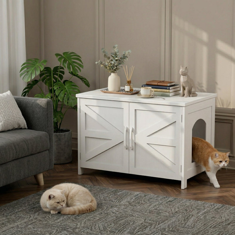 Très grand meuble pour chat caché en bois avec porte de grange, blanc