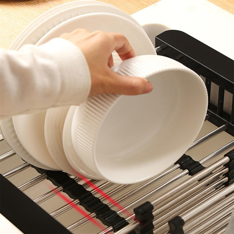 Small Extendable Dish Drying Rack, Multifunctional Anti-Rust Dish Drainer with Cutlery and Cup Holders, Grey
