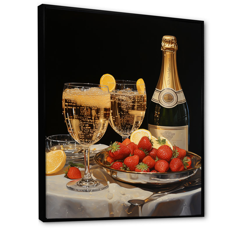 Champagne avec fraise - Champagne, art mural, Cadre flottant noir, H 20 po x l 12 po x P 1 po