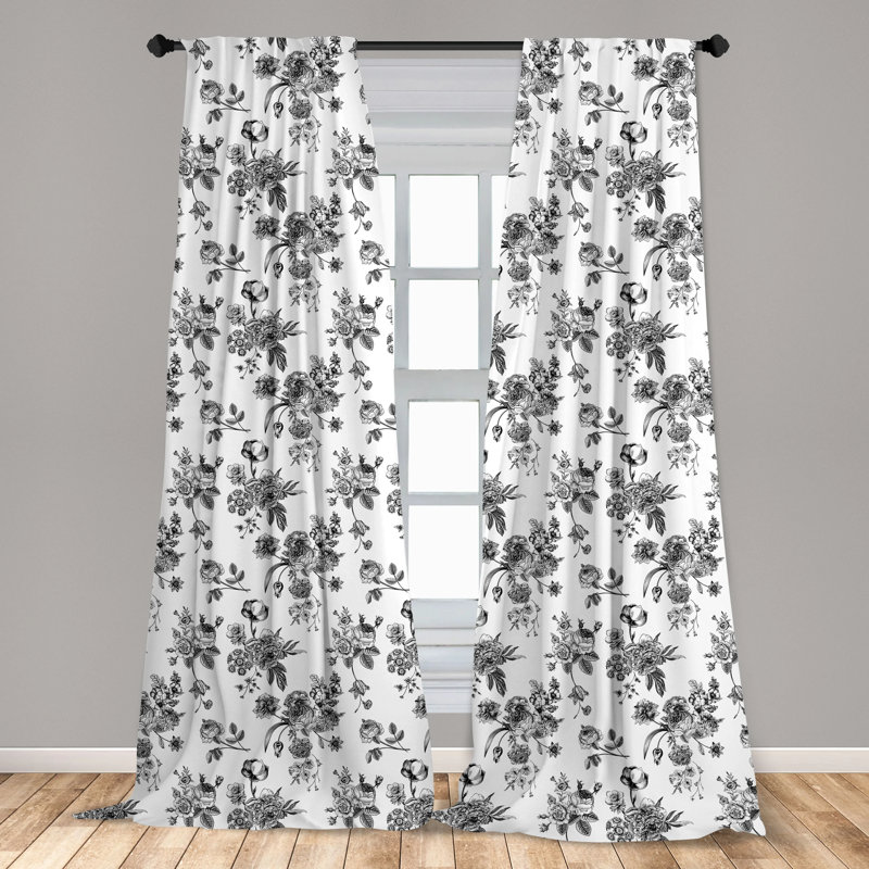 Victorian Black and White Floral Polyester Curtain Panels, 28" x 63"