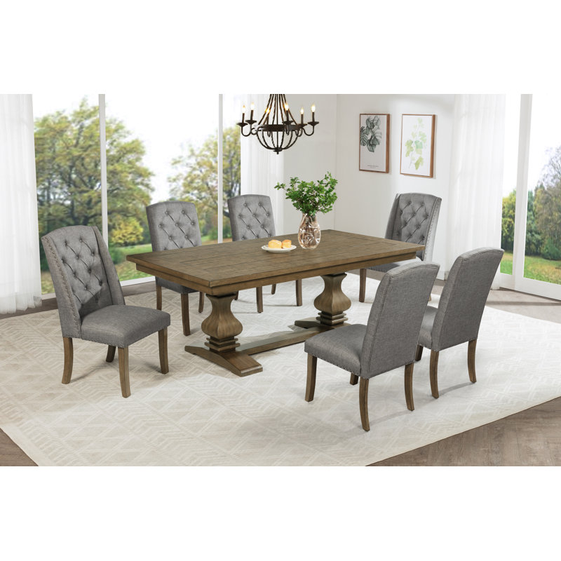 Ensemble de salle à manger en chêne brun avec chaises d'appoint capitonnées, Gris