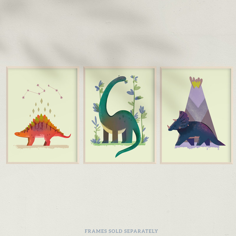 Kids Bedroom Cute Dinosaurs Stegosaurus Apatosaurus Triceratops - 3 Piece No Frame Print Set, 29.7cm H x 21cm W x 0.4cm D