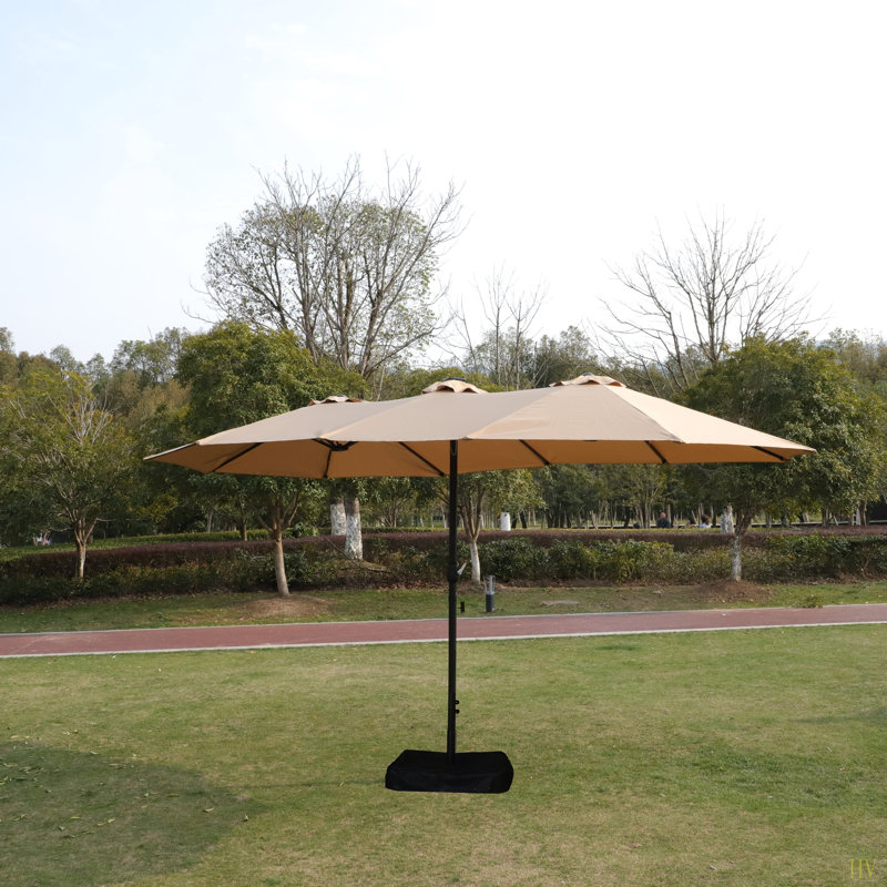 Grand parasol rectangulaire double 15x9ft à double face pour marché extérieur avec base, Taupe