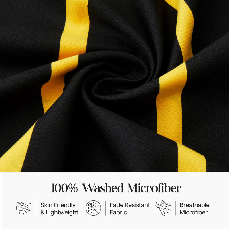 Dual Pattern Reversible Duvet Cover Set – Ultra Soft Brushed Microfiber Bedding with Matching Pillowcases, Ochre & Black Wave