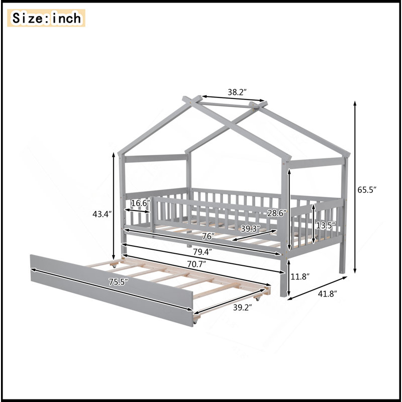 Lit en bois avec lit gigogne simple, Gris
