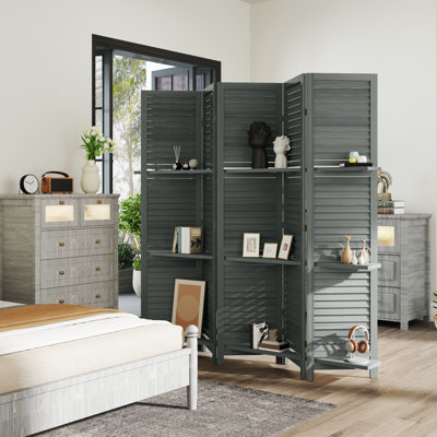 Paravent de chambre en bois gris, 5 panneaux de 170 cm de hauteur, avec 3 étagères et rangement pliable, 3 panneaux, 3 étagères et un espace de rangement pliable.