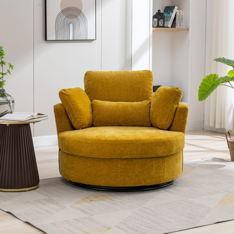 Achorn 42" W Recessed Arm Slipcovered Swivel Barrel Chair, Mustard Chenille