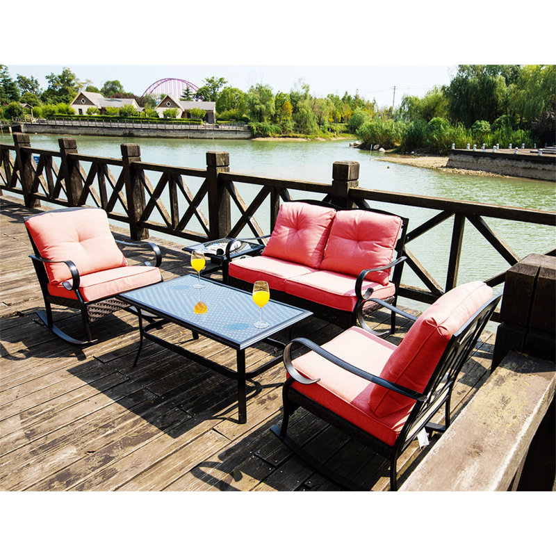 Aidtya 4 - Person Wicker Patio Dining Set with Rectangular Table, Red