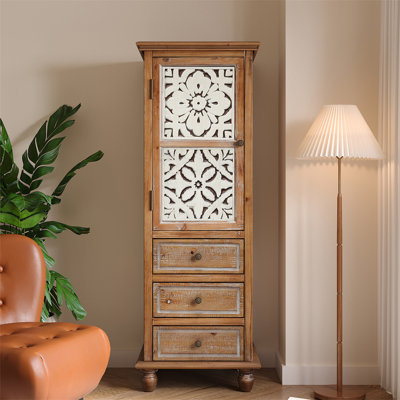 Rustic Wooden Storage Cabinet With Decorative Cutout Door & 3 Drawers