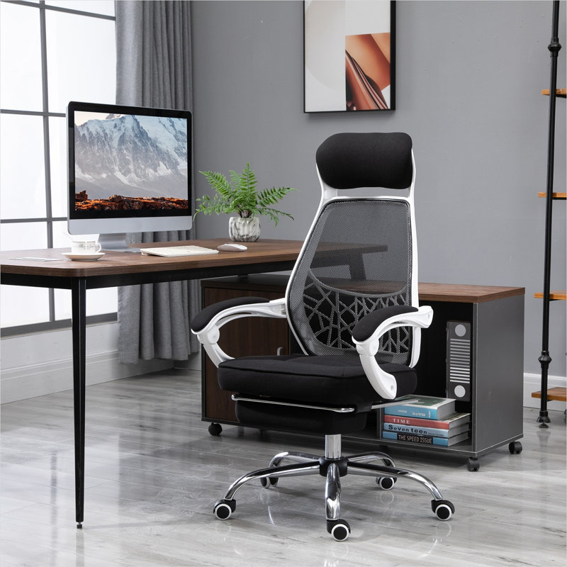 Fauteuil de direction pour bureau à domicile avec repose-pieds rétractable, filet respirant, noir classique et inclinaison à 135 °
