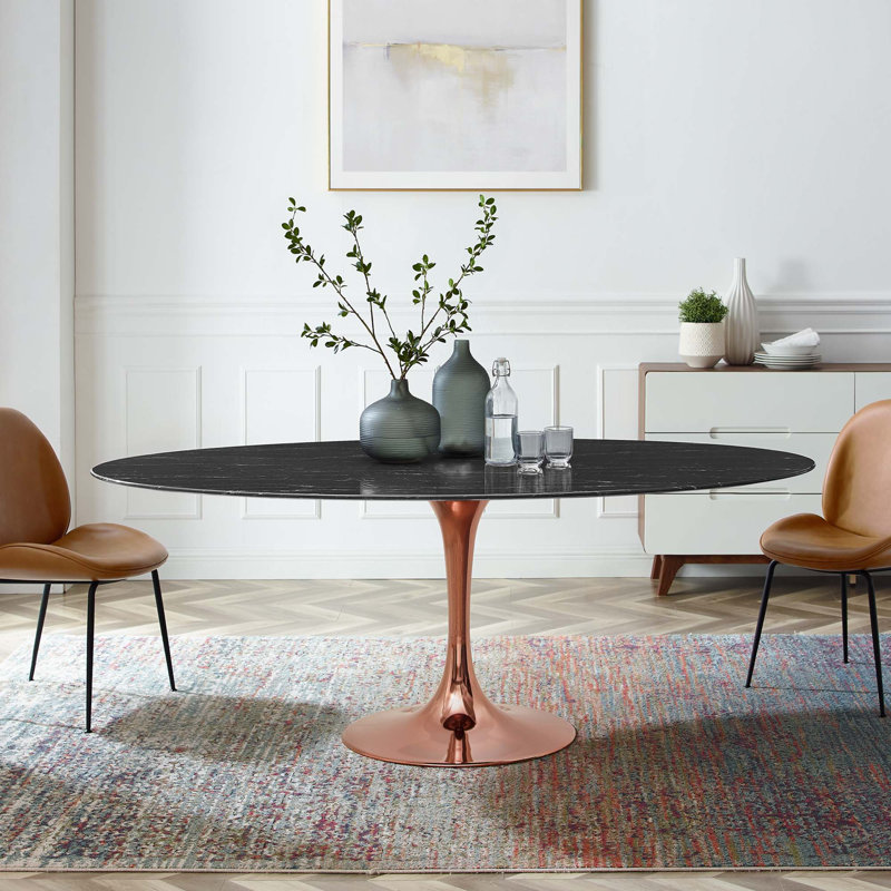  Table de salle à manger en marbre artificiel Lippa, Noir, Or rose, H 29,5 po x L 78 po x l 47 po