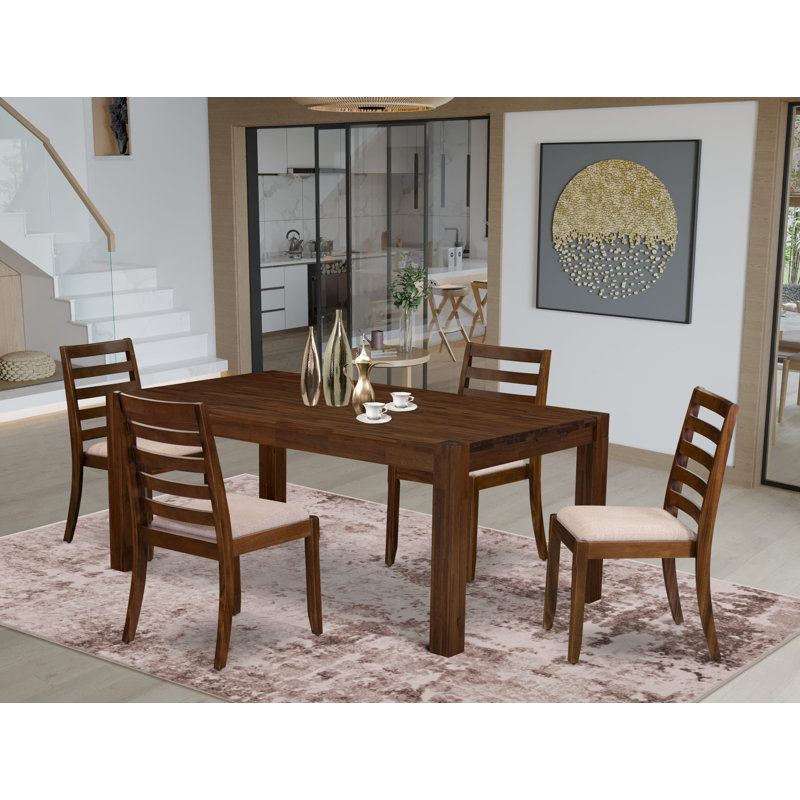 5-piece Kitchen Table set included a Rectangular Kitchen Table and 4 Light Tan Polyester Fabric Stackable Chairs, Antique Walnut Finish.
