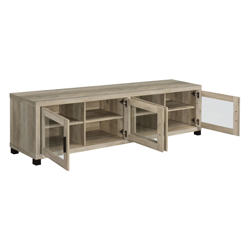 Meuble TV Heron en pin vieilli de 79 pouces (200 cm) pour téléviseurs jusqu'à 85 pouces (216 cm), console multimédia en bois d'ingénierie avec étagères réglables et portes vitrées