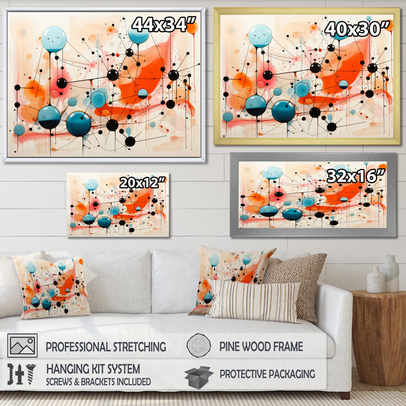 «Mid-Century» abstrait coloré, impression atomique sur toile encadrée, Cadre flottant noir, H 30 po x l 40 po x P 1,5 po