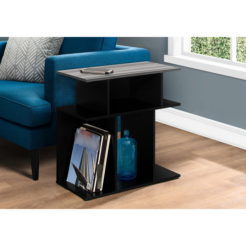 Table de bout à trois niveaux pour la chambre à coucher - stratifié noir et gris avec 6 tablettes ouvertes pour le salon, design