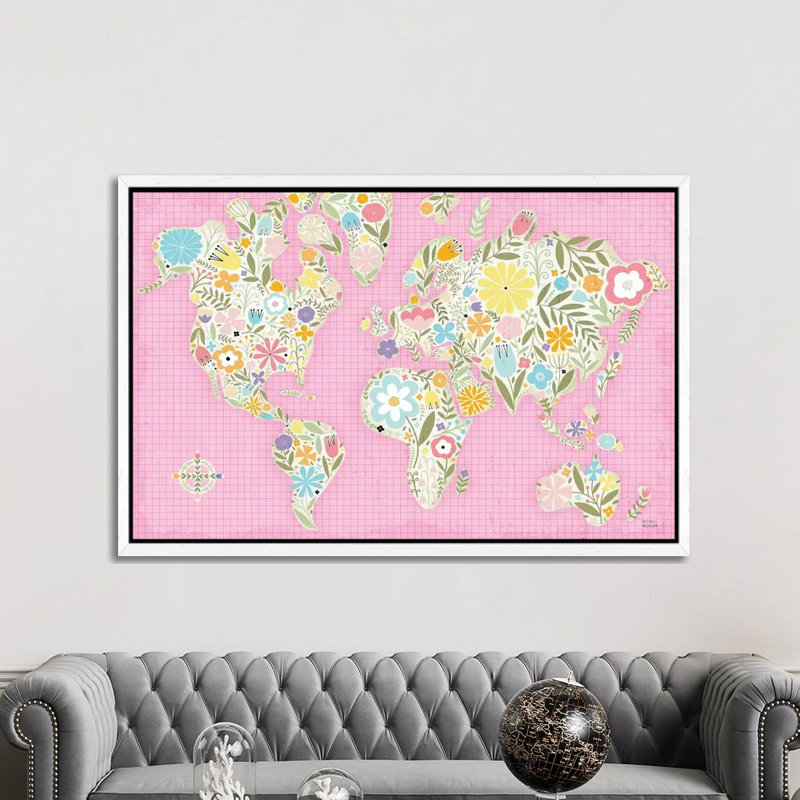 Floral World Pink 1 Piece Wall Art on Canvas, 101.6cm H x 152.4cm W x 3.81cm D, White Framed