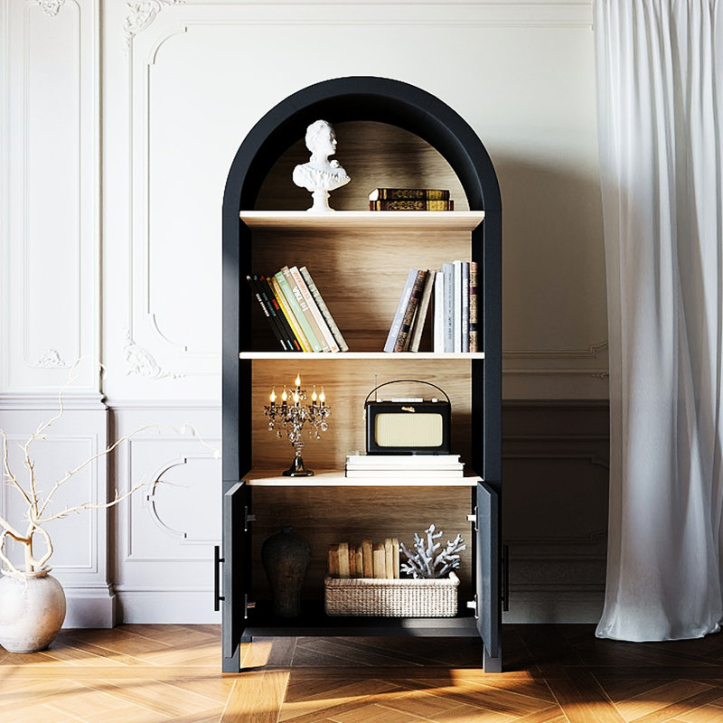 Bibliothèque arquée de 66,70 pouces de hauteur avec porte et unité de rangement - 3 armoires de style Mid-Century moderne pour le bureau, la salle à manger et le salon