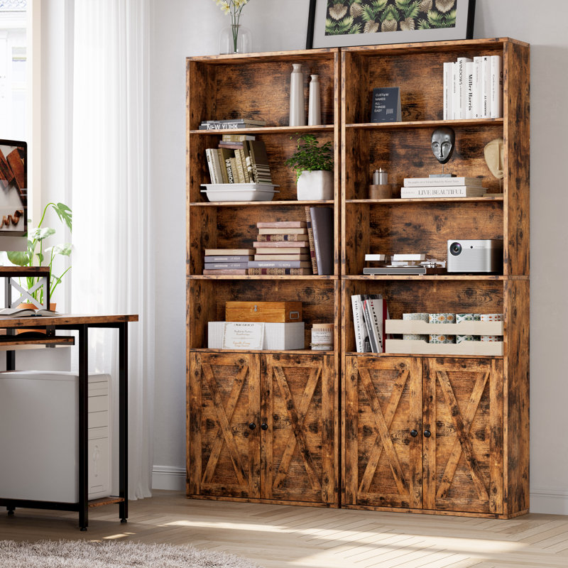 6 Tier Bookcase With Doors Set Of 2, Beige Maple
