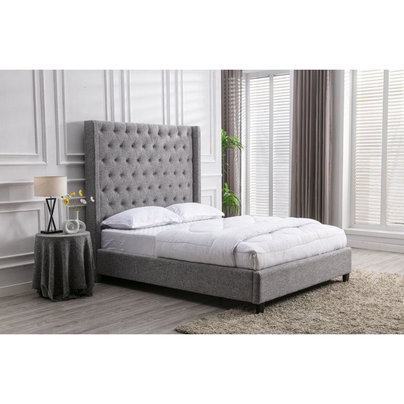 Upholstered Wingback Bed, Queen, Light Gray