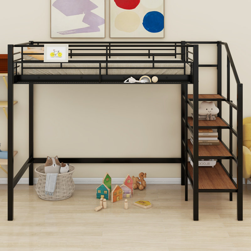 Metal Loft Bed With Upper Grid Storage Shelf And Lateral Storage Ladder, Black